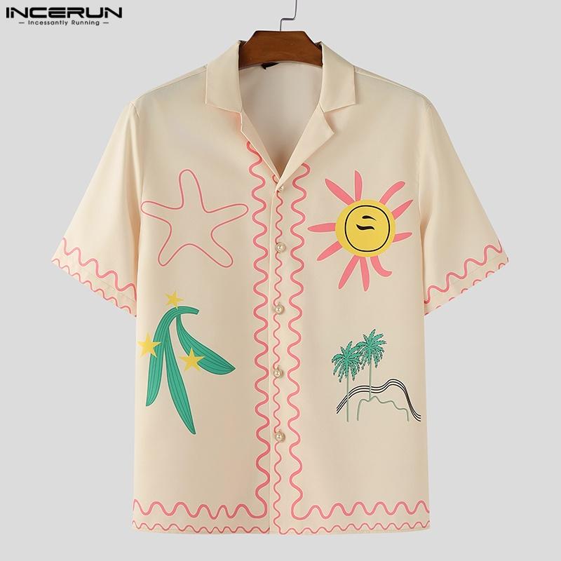 INCERUN S-XXXXXL Men Lapel Neck Short Sleeve Cartoon Print Casual Loose Shirts
