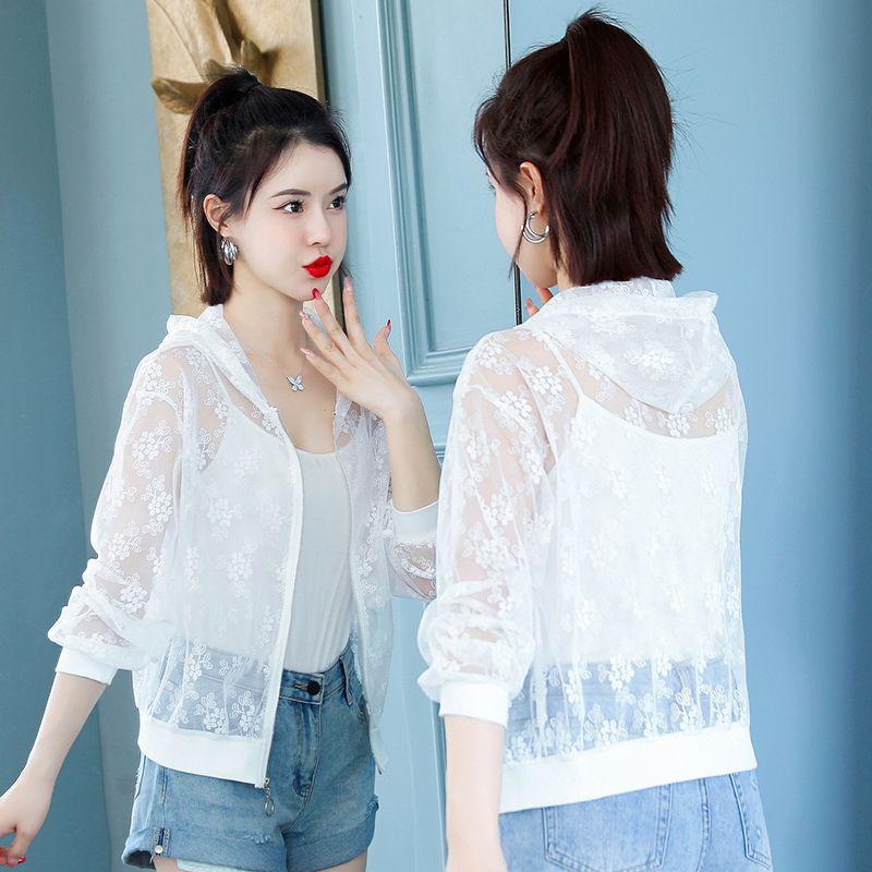 

Летний кардиган с капюшоном и длинными рукавами, защита от солнца, женская тонкая короткая куртка, однотонная кружевная сетка, рубашка с кондиционером, шаль L белый