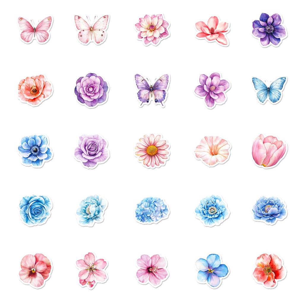 New 50 Colorful Flowers Butterfly Mixed and Fresh Stickers Girls' Heart No Repeat Hand Account Decoration Stickers