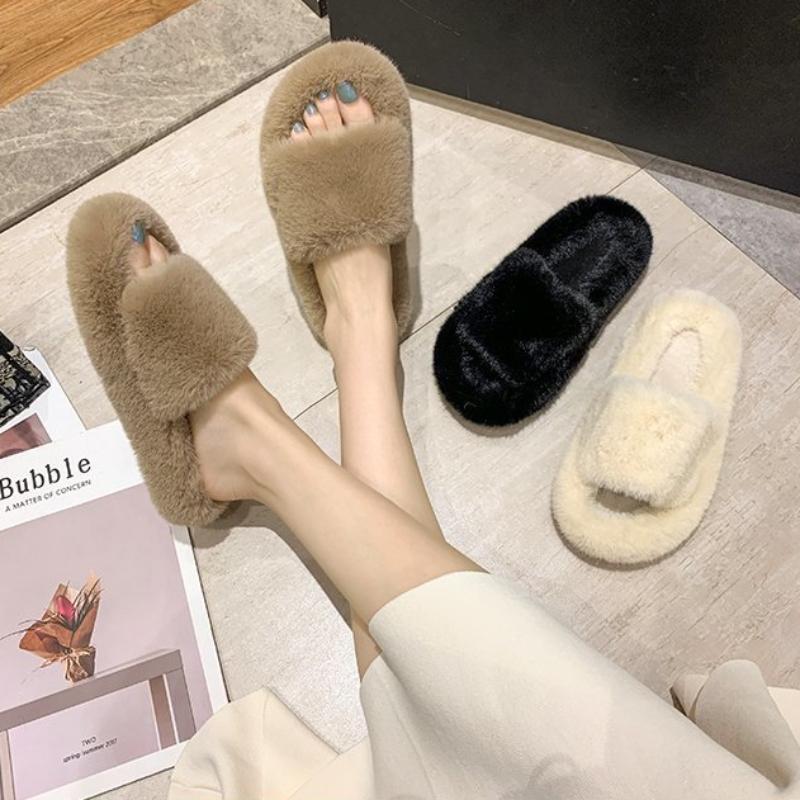 Thick Bottom Fur Slippers for Autumn and Winter, Rabbit Fur for Home and Outdoor Wear, Warm Plush Slippers