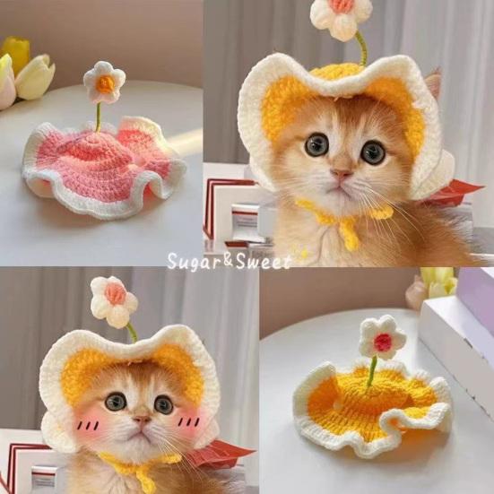 Crochet Flower Cat Hat Handmade Scalloped Pet Hat with Flower Ear Holes Cute Flower Hat for Small Medium Dogs Cats Party Photo Props