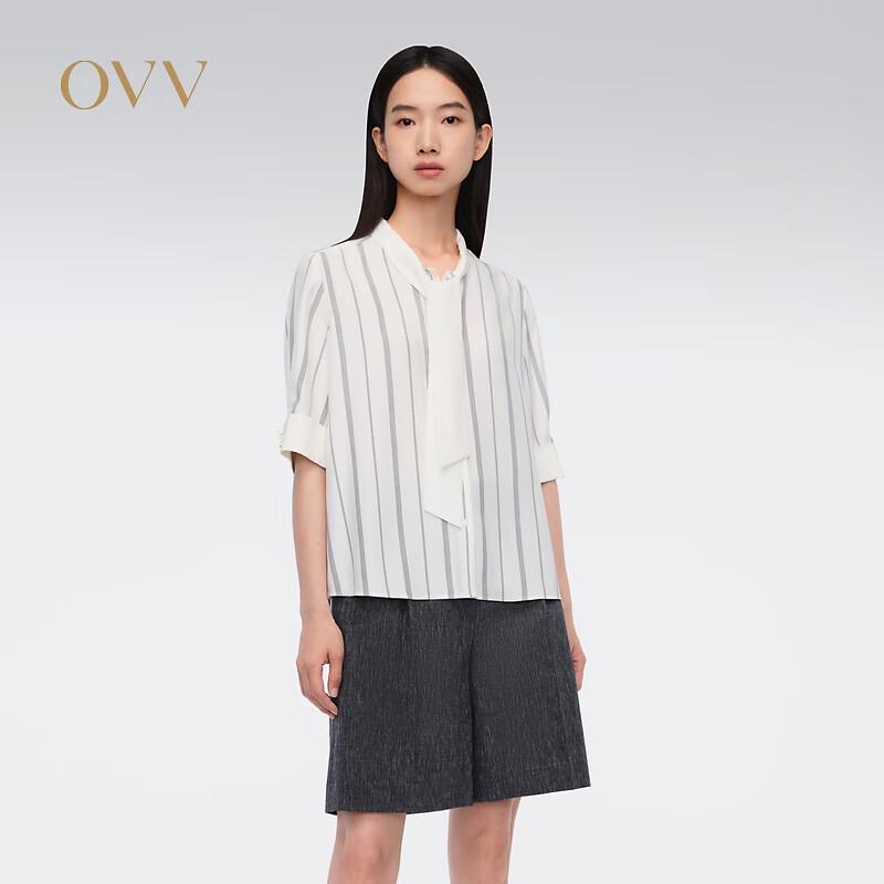 OVV Women s Heavyweight Silk 22MM Crepe Satin Striped Mid-Sleeve Shirt M