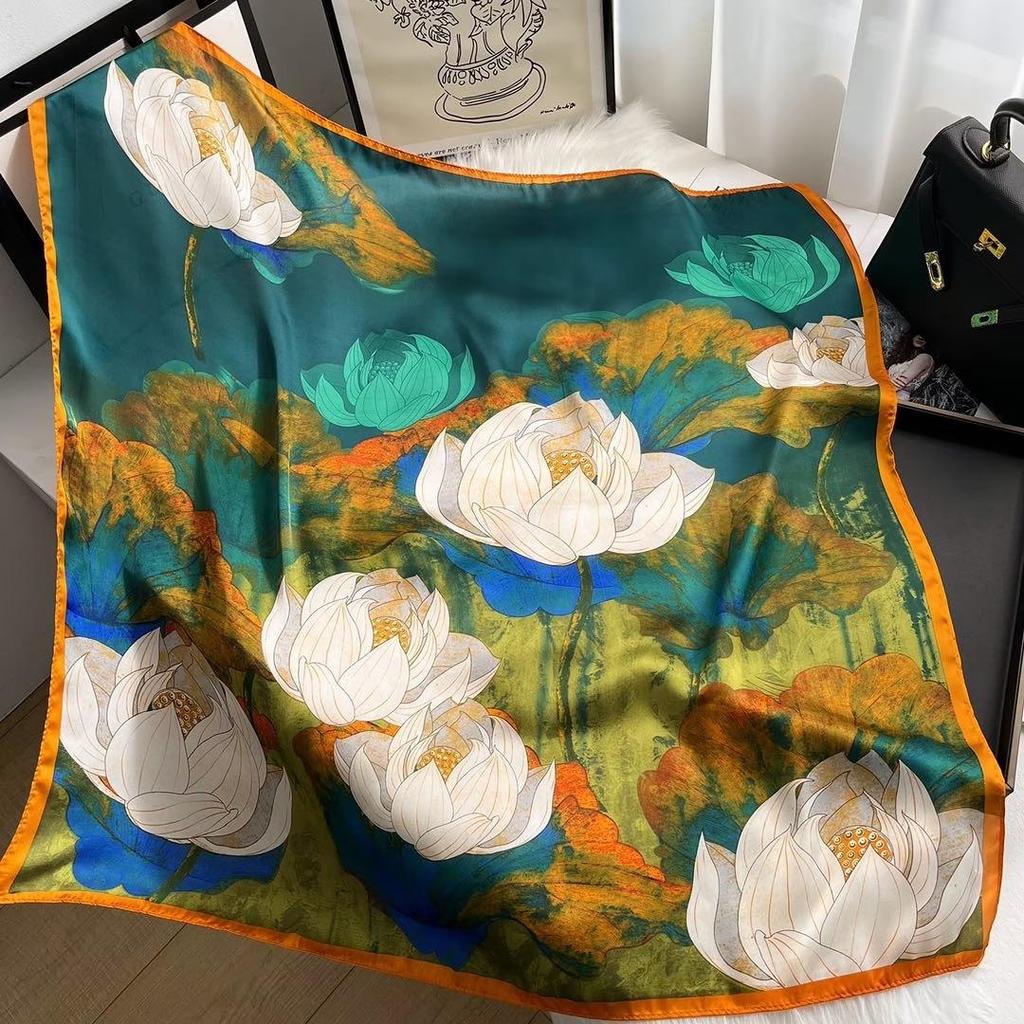 Women's Retro Fashion Mulberry Silk Feel Square Scarf - Summer Faux Satin, Sun Protection, 90cm