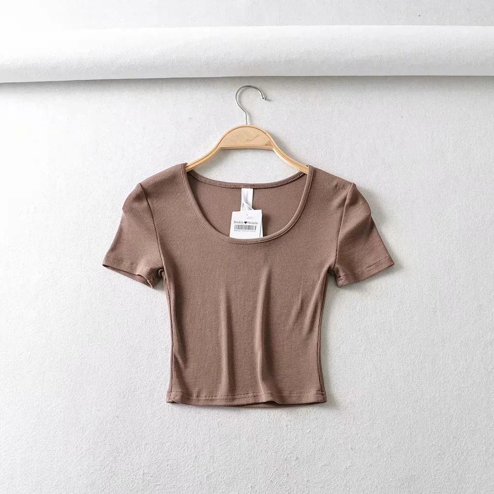 

2025 Весна/Лето Новая облегающая короткая спортивная футболка с коротким рукавом для женщин, фитнеса, бега, йоги M темные хаки