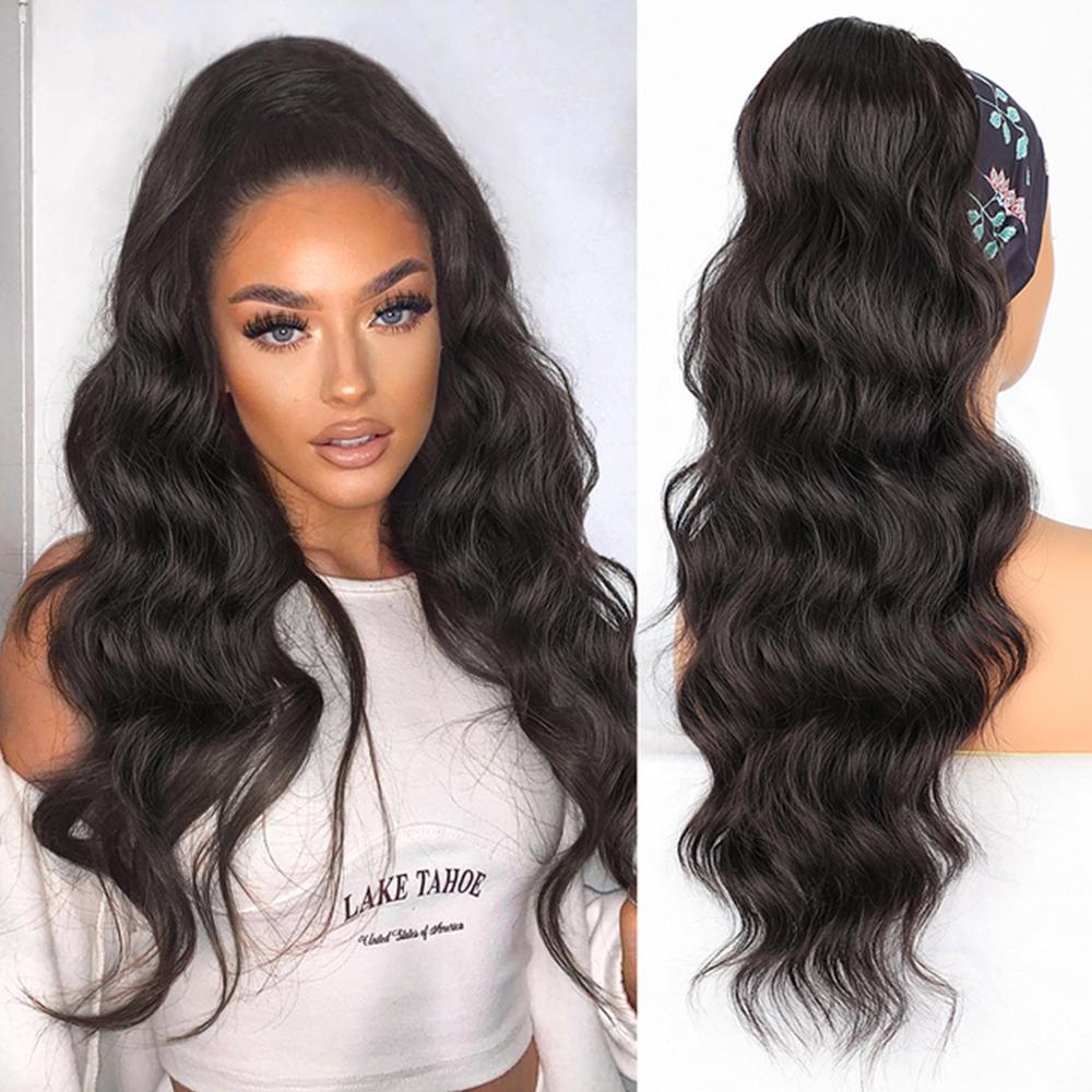 Синтетический длинный волнистый хвост Синтетический хвост на шнурке Заколка для волос Черный волнистый хвост для женщин