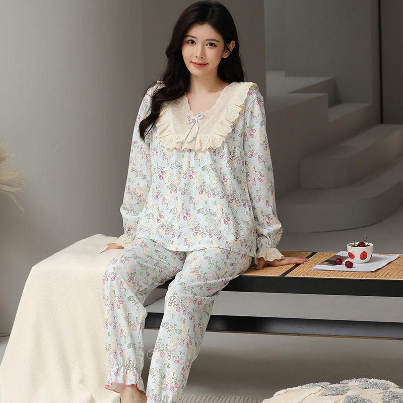 Large Size Plus 100 Pounds Pajama Suit Women's Spring and Autumn Pure Cotton Sweet Home Wear New Long-sleeved Trousers Home Wear Set