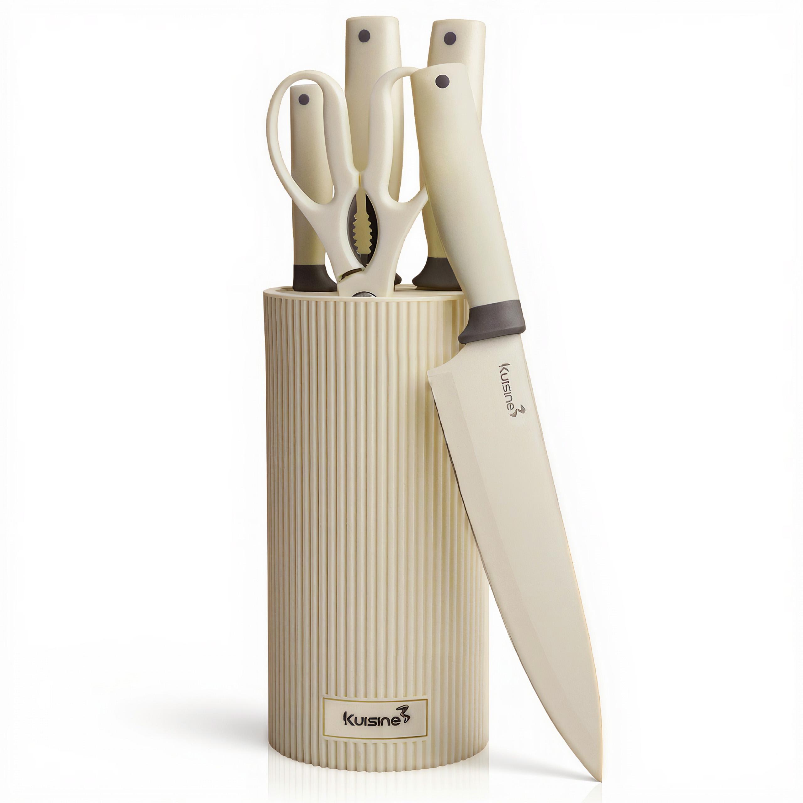 Kuisine 6-Piece Multifunction Kitchen Knife Set PP Handle Stainless Steel Coating Knife Block Set Home Use Space-Saving Design