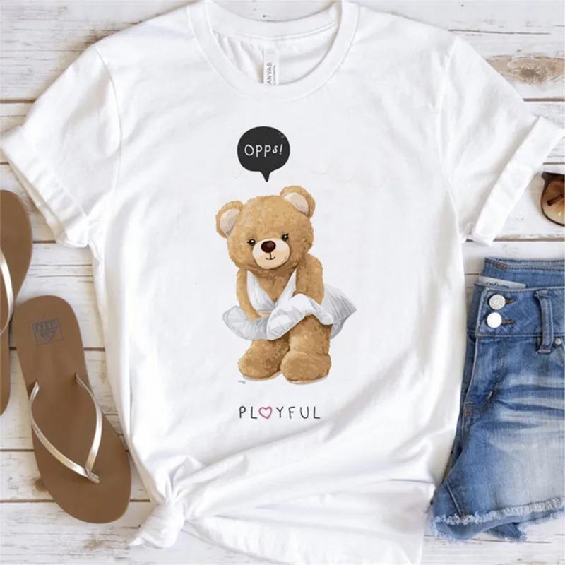 Cute Bear Print Shirts White Fashion Women T-Shirts Harajuku Kawaii Clothes Short Sleeve Summer Tees Casual Female Tops O-Neck