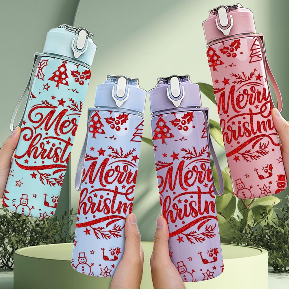 1PC Vintage Merry Christmas Text Print 750ml Color Plastic Sports Water Bottle Leakproof Flip Straw Lid Suitable for Sports Office Home Use