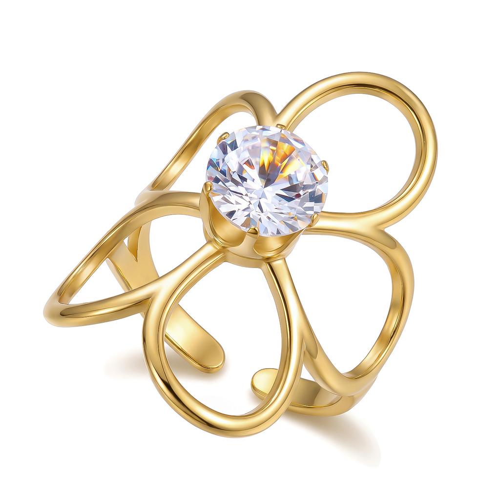 Xiyin stainless steel ring plated with 18k real gold, light luxury high-end titanium steel zirconium-inlaid irregular ring