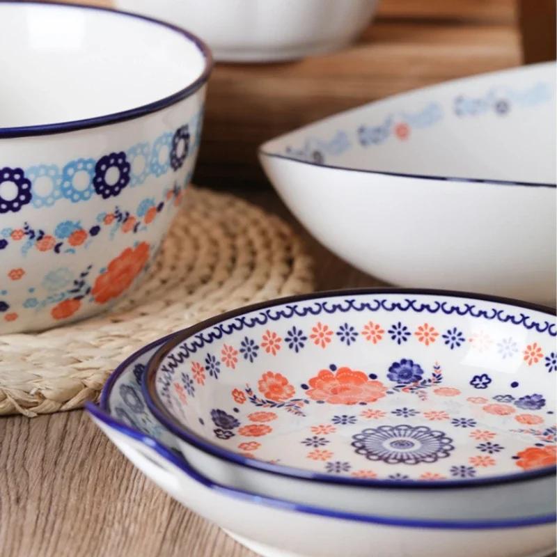 Ceramic Bowls Plate Floral Pattern Ceramic tableware Rice soup bowl Fish plate Dinner Plate Salad Dessert Plates Microwavable