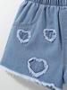 Single-piece girls' denim shorts, slim fit, Korean style, fashionable and versatile, heart-patterned frayed hem, blue elastic waistband.