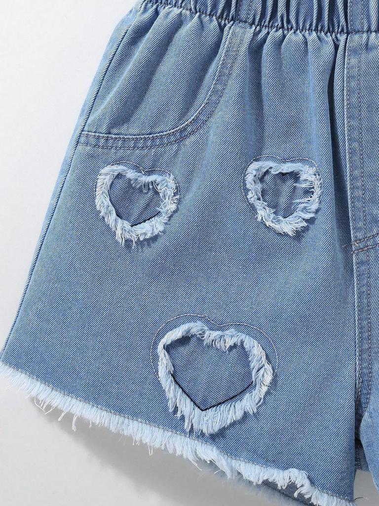 Single-piece girls' denim shorts, slim fit, Korean style, fashionable and versatile, heart-patterned frayed hem, blue elastic waistband.