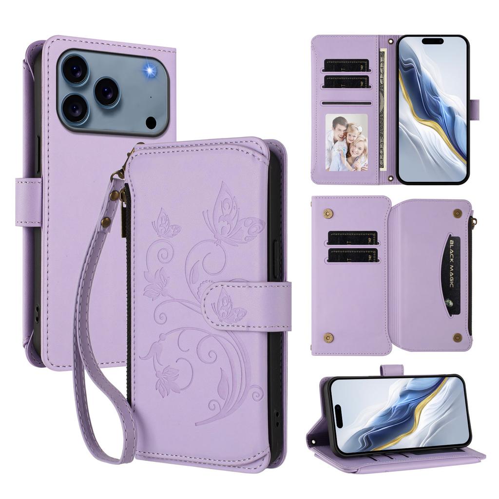 Dla iPhone 17 Pro Max Skórzane Etui Motyl Kwiatowy Wzór Portfel na Zamek Pokrowiec z Podstawką z Paskiem na Nadgarstek