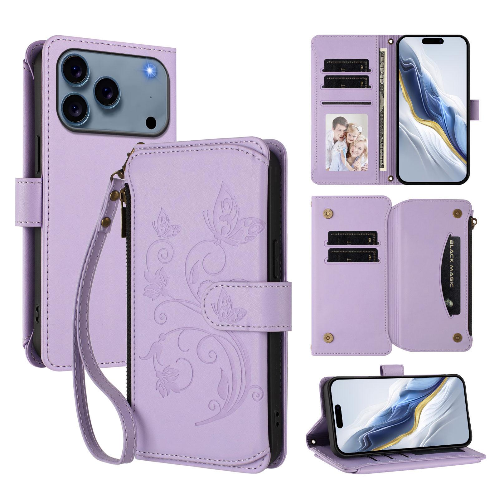 

Для iPhone 17 Pro Max Шкіряний чохол Метелик Квітковий відбиток Гаманець на блискавці Кришка-підставка з ремінцем на зап ястя