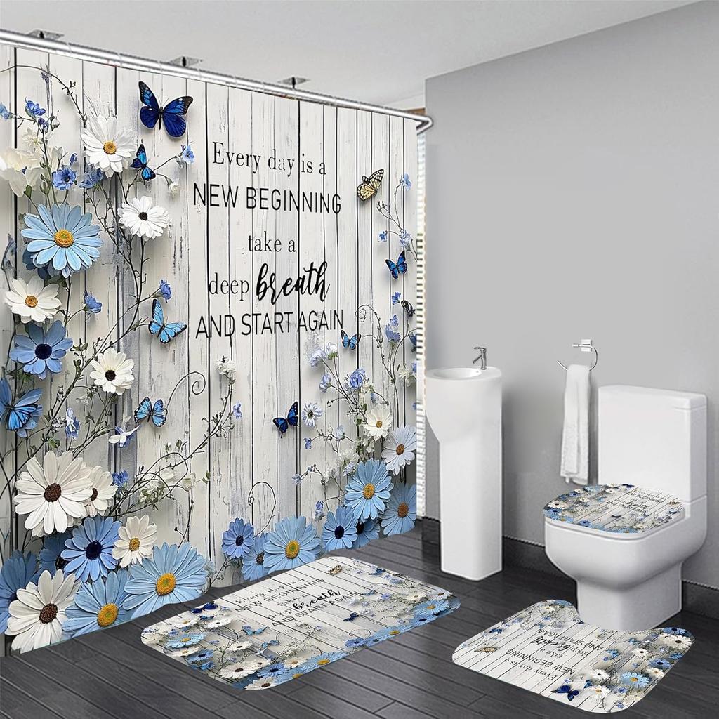 8styles 4Pcs Bathroom Shower Curtain Set Green Tree Nature Bathroom Curtain With 12 Hooks Non Slip Rugs Toilet Cover Mat Bathroom Partition