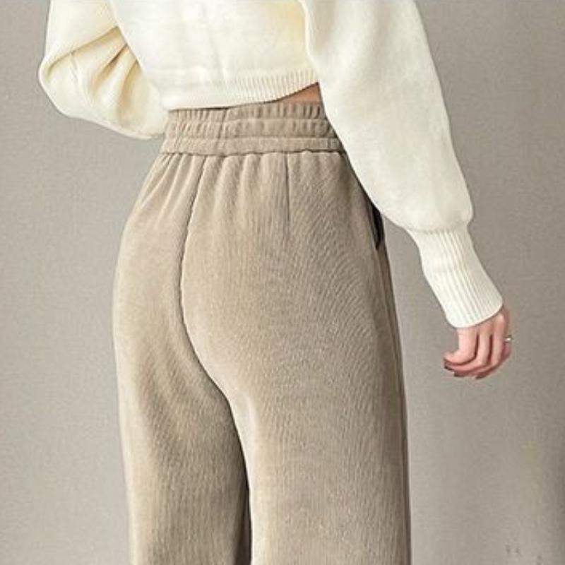 Pantaloni calduri din lână de miel îngroșați de iarnă pentru femei, ocazional, elastic, cu talie înaltă, pantaloni vintage cu picioare largi, design nou, pantaloni largi, chic, pentru exterior