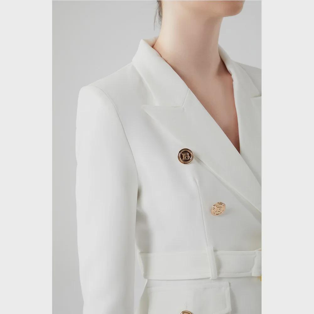 Chaqueta de Traje para Mujer Europea Ajustada Blanco y Negro con Hebilla Metálica