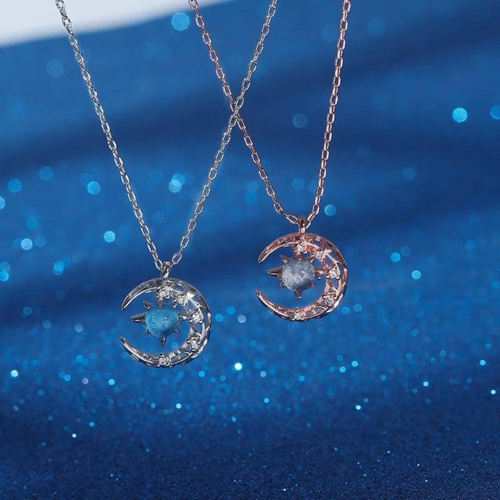 Simple Delicate Elegant Fashion Dream Star Sun Moon Moonstone Necklace Female Collar Chain Wedding Party Pendant NecklaceZircon