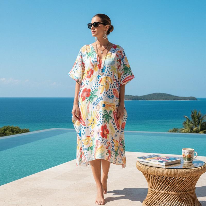 Lockeres und modisches Kleid für große Größen - Strandurlaub und Sandrock mit bedrucktem V-Ausschnitt und mittellangem Design