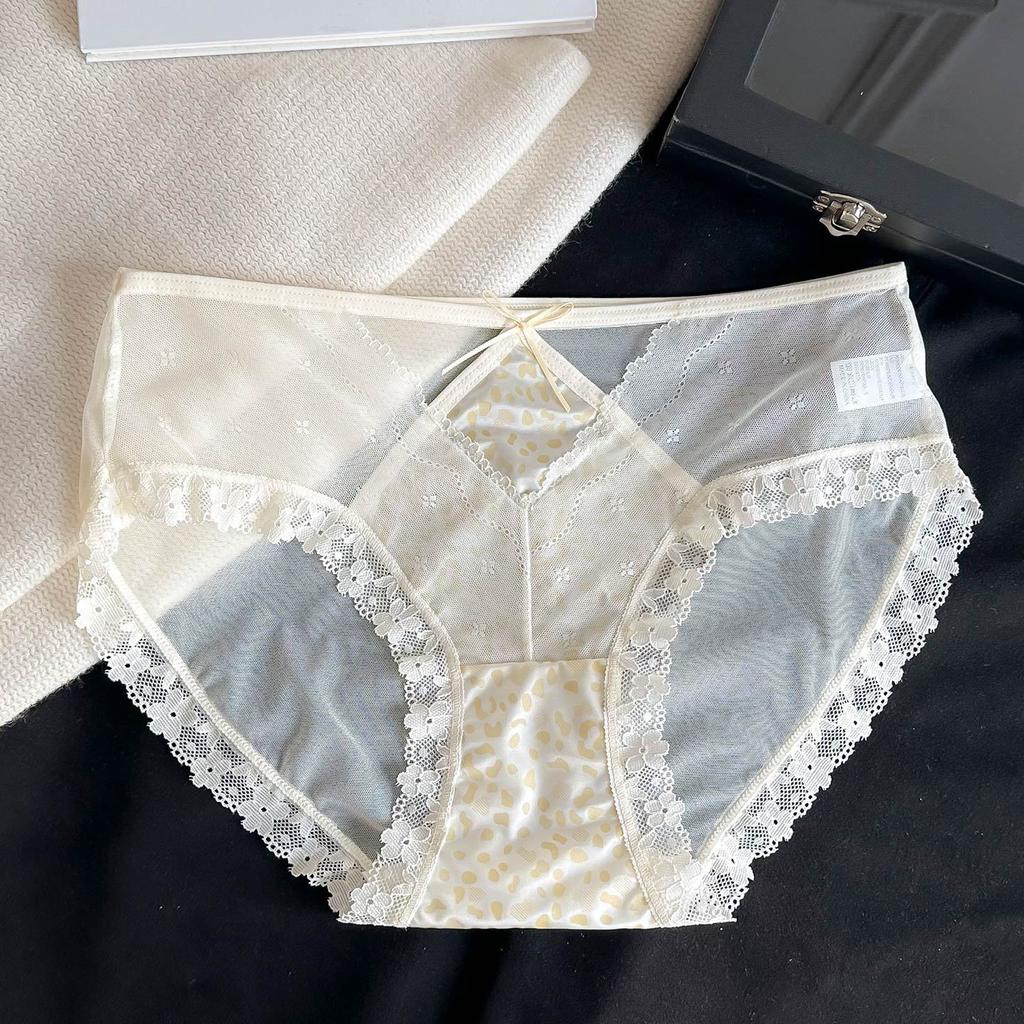 Ladies Summer Light Luxury Satin Pure Sexy Lace Leopard Hollow Mesh Gauze Briefs