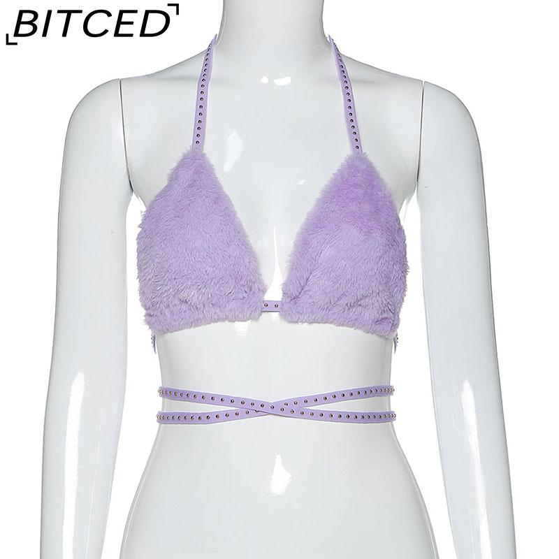 BITCED Spring/Summer Women's Versatile Solid-Colour Fleece-Lined Halter Neck Tie-Front Sexy Bandeau Top