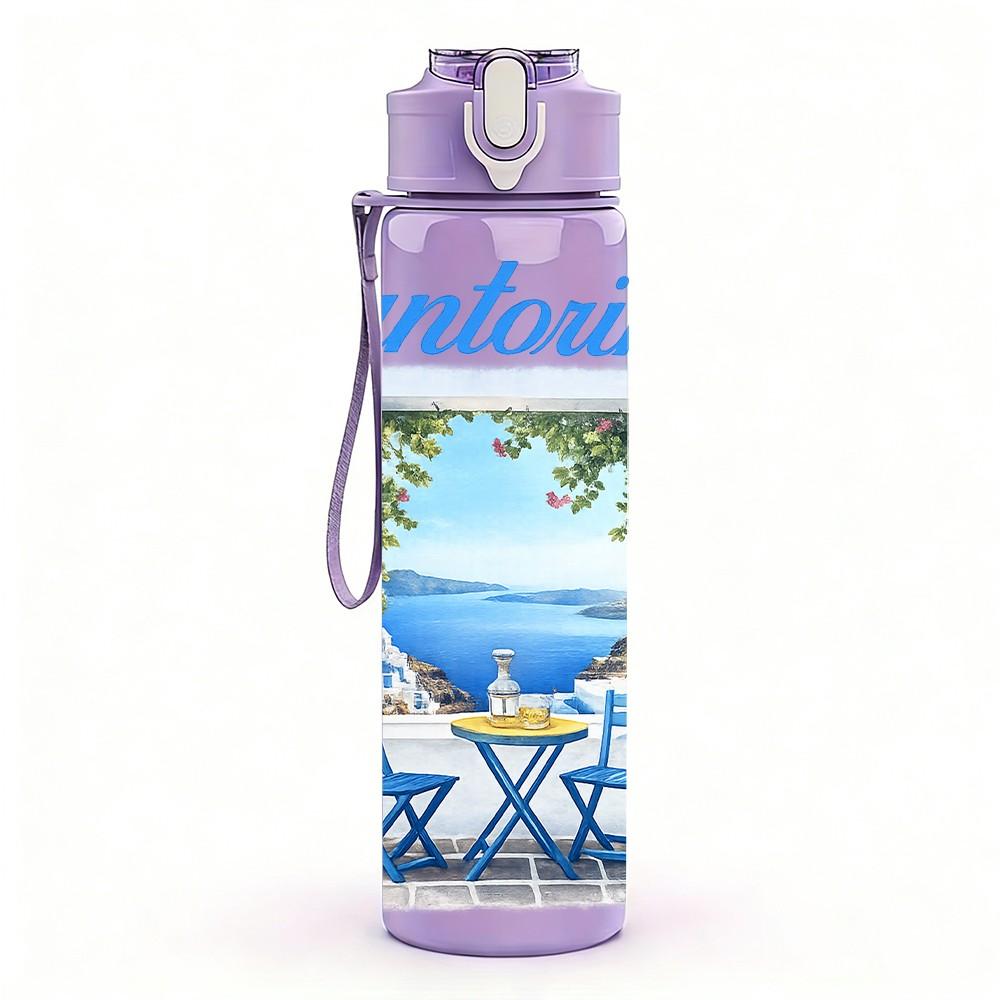 1PC Santorini Mediterranean House Pattern 750ml Color Plastic Sports Water Bottle Leakproof Flip Straw Lid Suitable for Sports Office Home Use