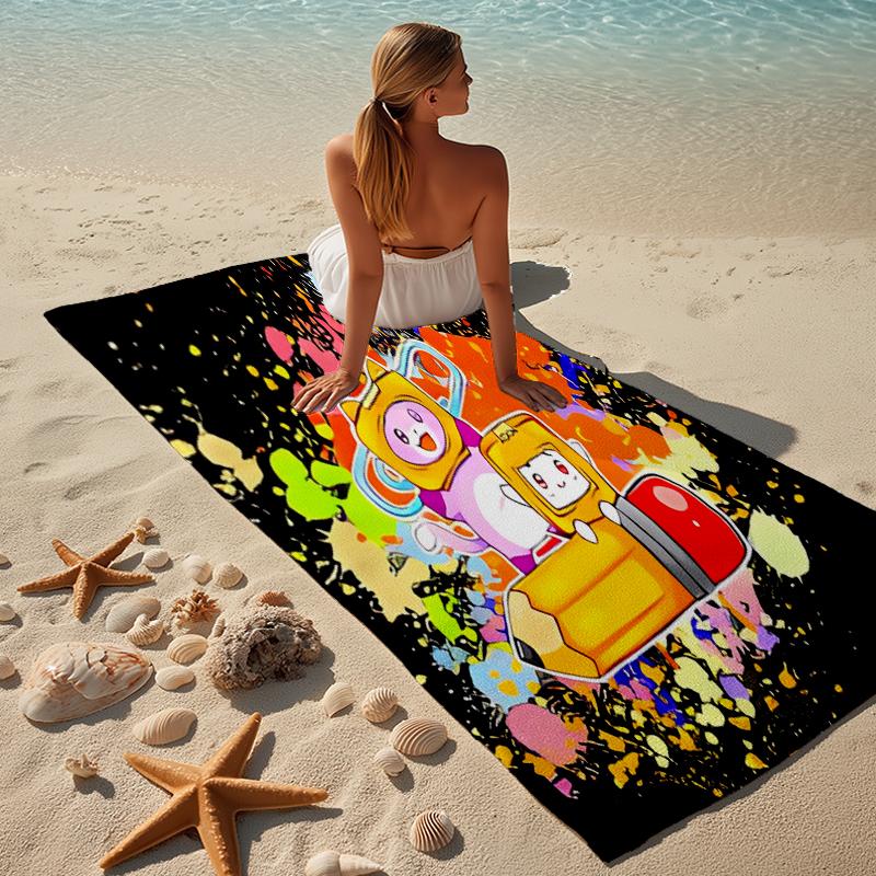 proof beach towel with a Lankybox Foxy and Rocky3 pattern - soft,absorbent,quick-drying,machine washable - perfect for swimming,camping,bathing