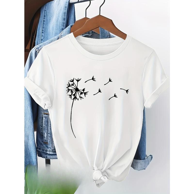 European sizes Women'S Short Sleeve T-Shirt with Elegant Dandelion Print - Lightweight Casual Top for Spring/Summer
