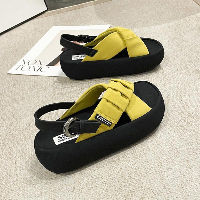 Open-toed Fashionable Yellow Woven Casual Sandals Women's 2025 Summer Breathable and Comfortable Versatile Thick-soled Heightening Beach Shoes