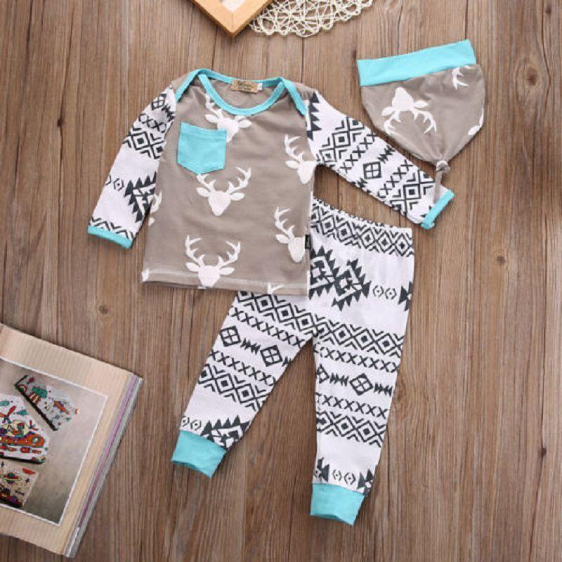 Adorabile Set di 3 Pezzi per Neonato e Bambino Maschio Cervo T-shirt Pantaloni Cappello