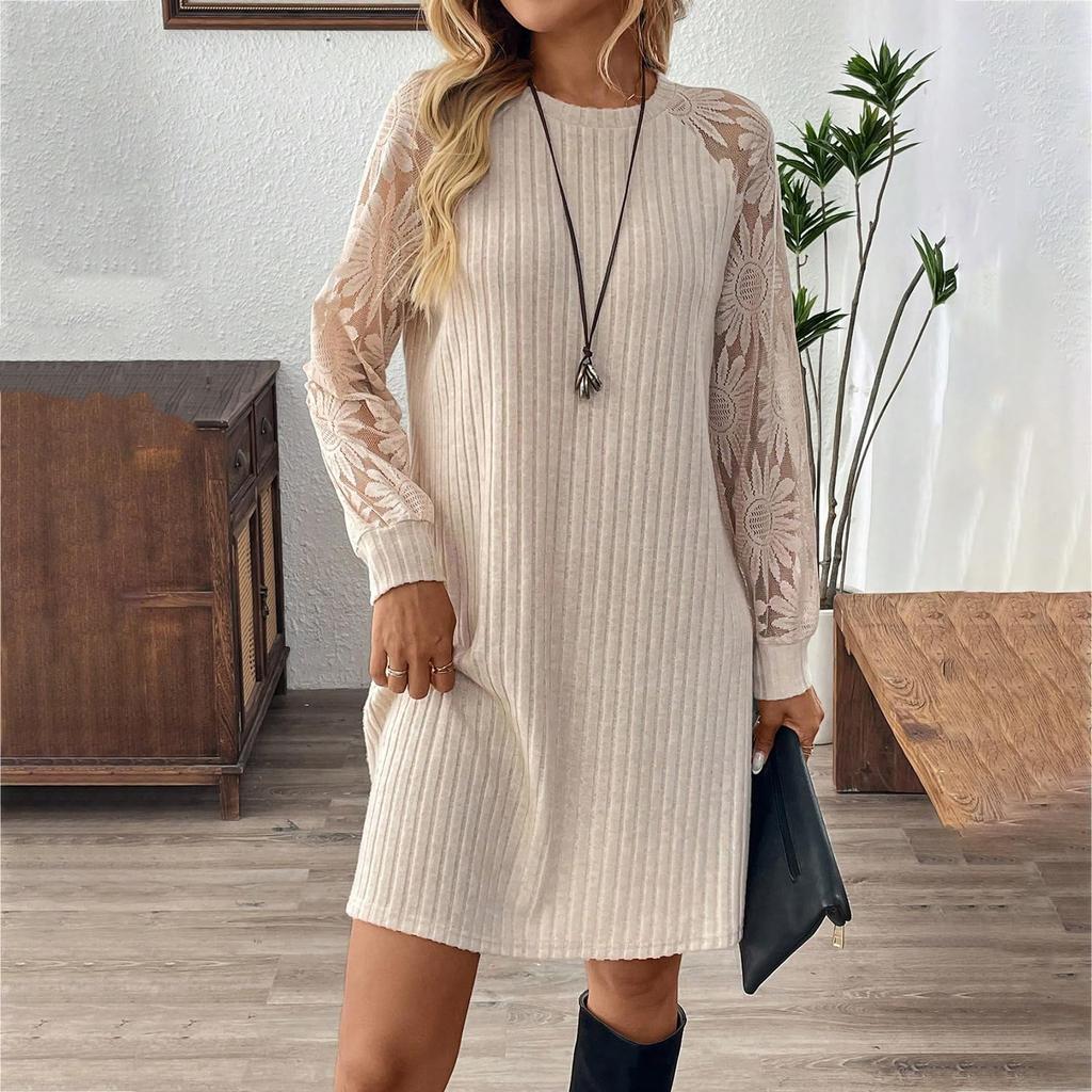 Moda Feminina Casual Gola Redonda Tricotada com Cadarço Pulôver Vestido de Manga Comprida