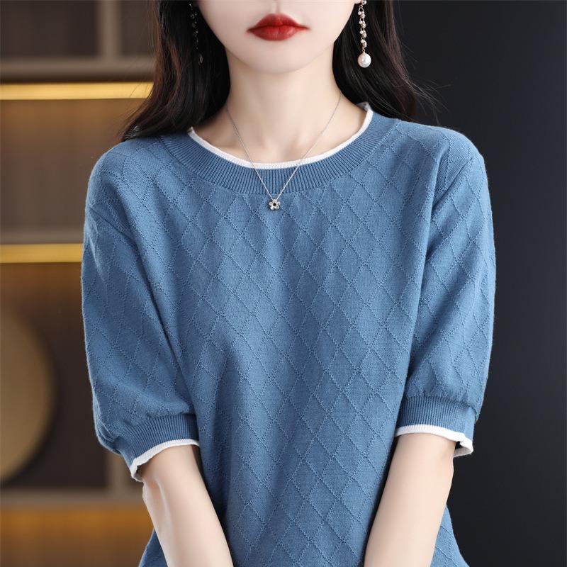 Cotton Thread Pullover Women Short Sleeved Round Neck T-shirt Color Blocked Diamond Shape Thin Knit Bottoming Shirt Simple Casual Commut Spring Autumn
