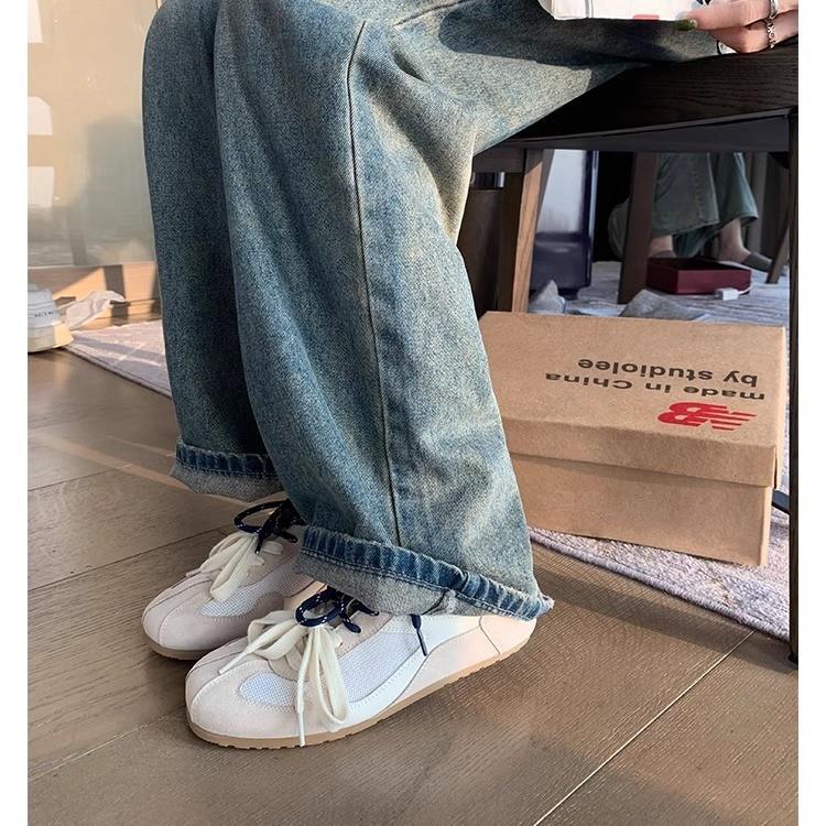 Grape Mother's Same 3cm Inner Height Increase~ Retro Mandarin Duck Shoelaces Spliced Mesh Breathable and Versatile Casual Shoes German Training Shoes