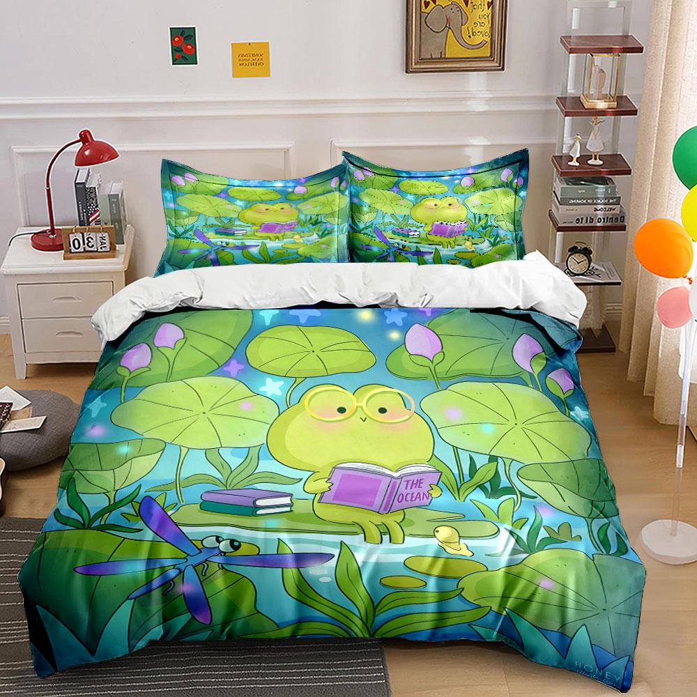 "Frog Reading Set In Nature" Exquisite ThreePiece Bedding Set Gift For Kids And Adults