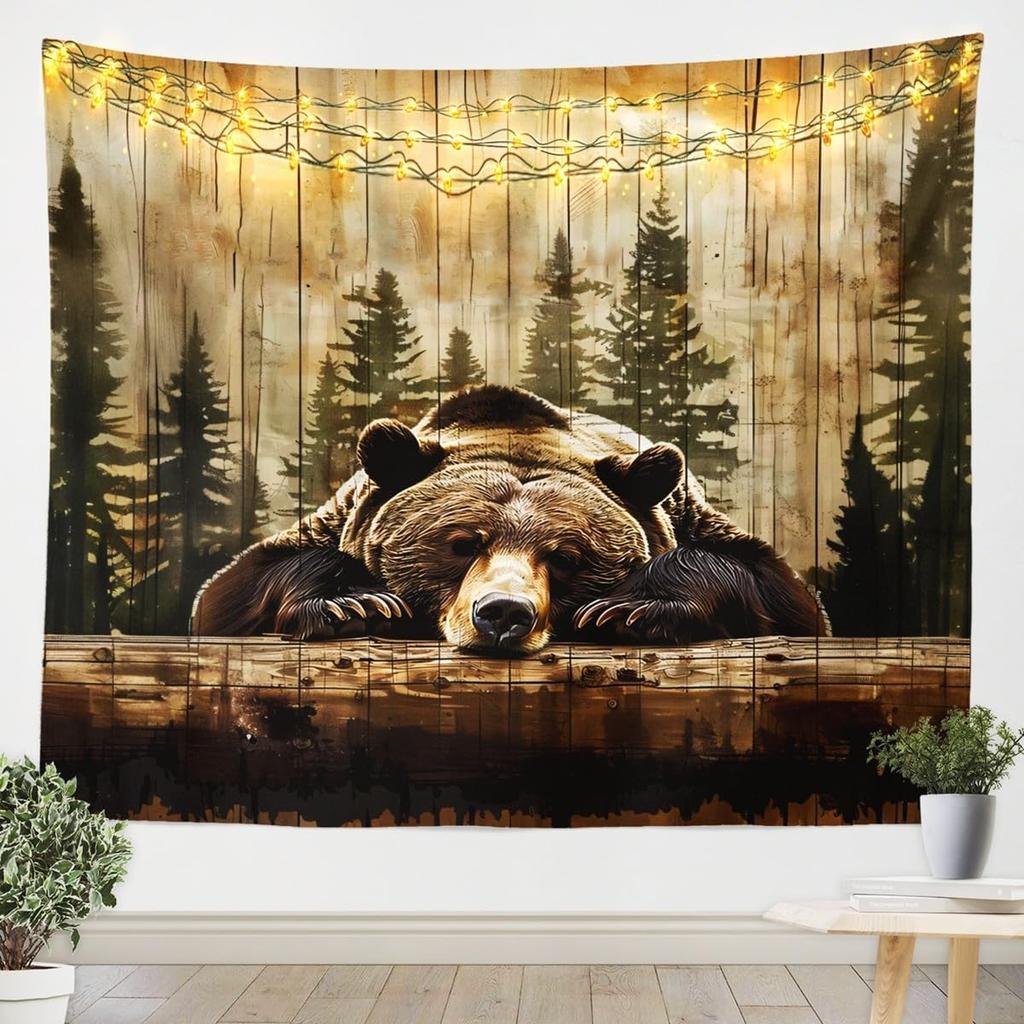 Bear Forest Tapestry Wall Hanging Boho Rustic Woodland Animal Nature Decor Mural Art Background for Bedroom Living Room Cabin Gi