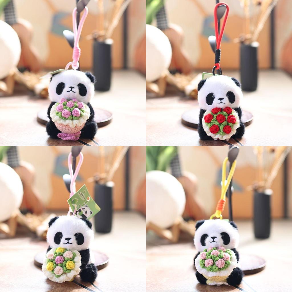 Panda Holding Flowers Plush Keychain Cute Animal Bag Charm For Kids And Teens