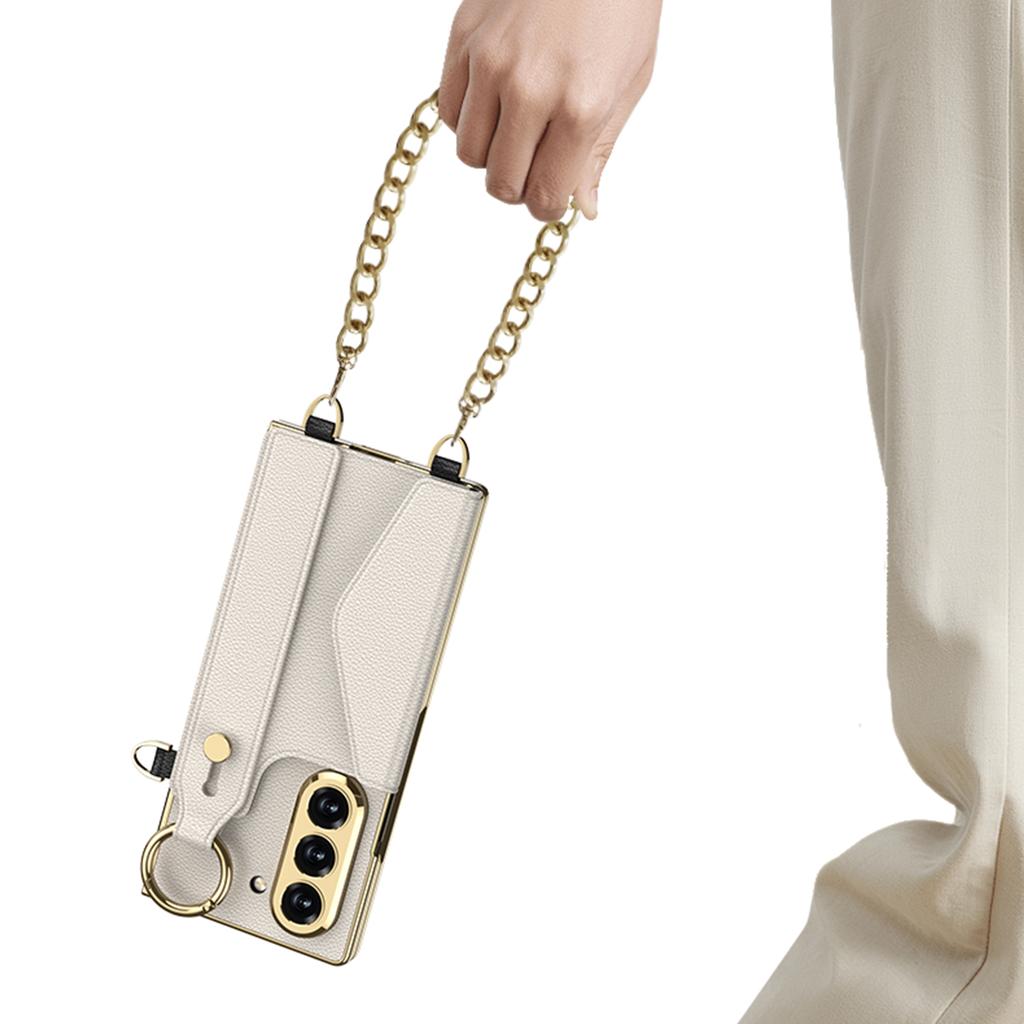GKK For Samsung Galaxy Z Fold6 5G Case with PU Strap Kickstand/Metal Chain Electroplated PC Tempered Glass Phone Cover
