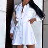 Turn-Down Collar Long Sleeve Women Dress Belt Solid Color Single Breasted Shirt Dress Female Clothing