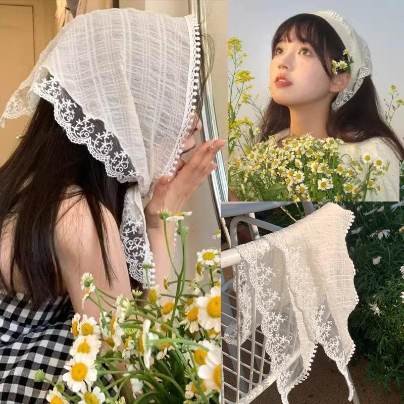 New Korean Sweet Lace Flower Triangle Hair Scarf Women Square Scarf Headband Pastoral Headdress Summer Seaside Hair Accessories