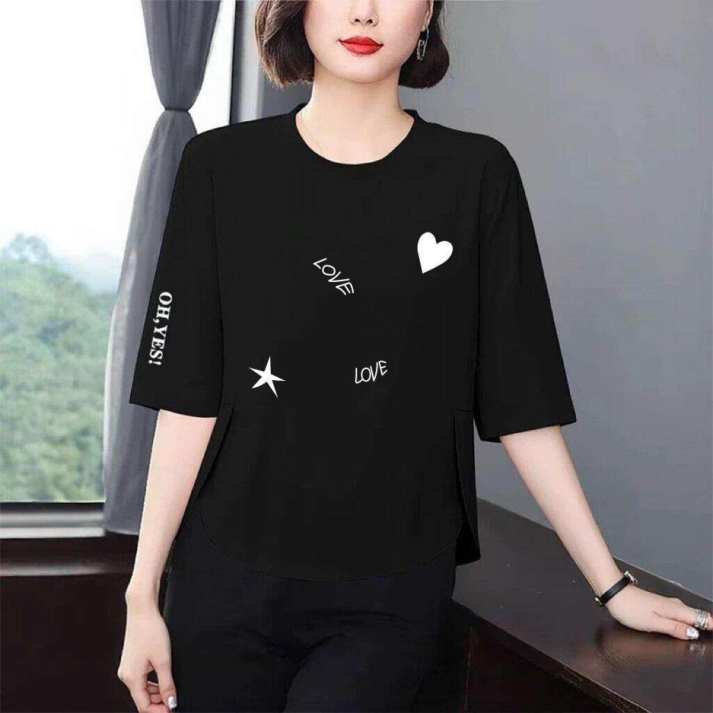 

Women s Casual Love Heart Print 3/4 Sleeve Round Neck Top 3XL
