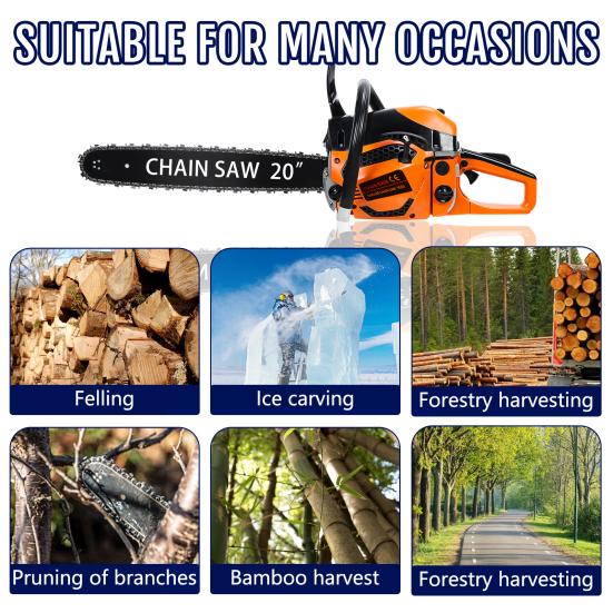 20 Inch Gas Chainsaw, 58CC 2-Stroke Gas Powered Chainsaw, Handheld Cordless Chainsaw, High-Power Logging Saw for Wood Cutting and Tree