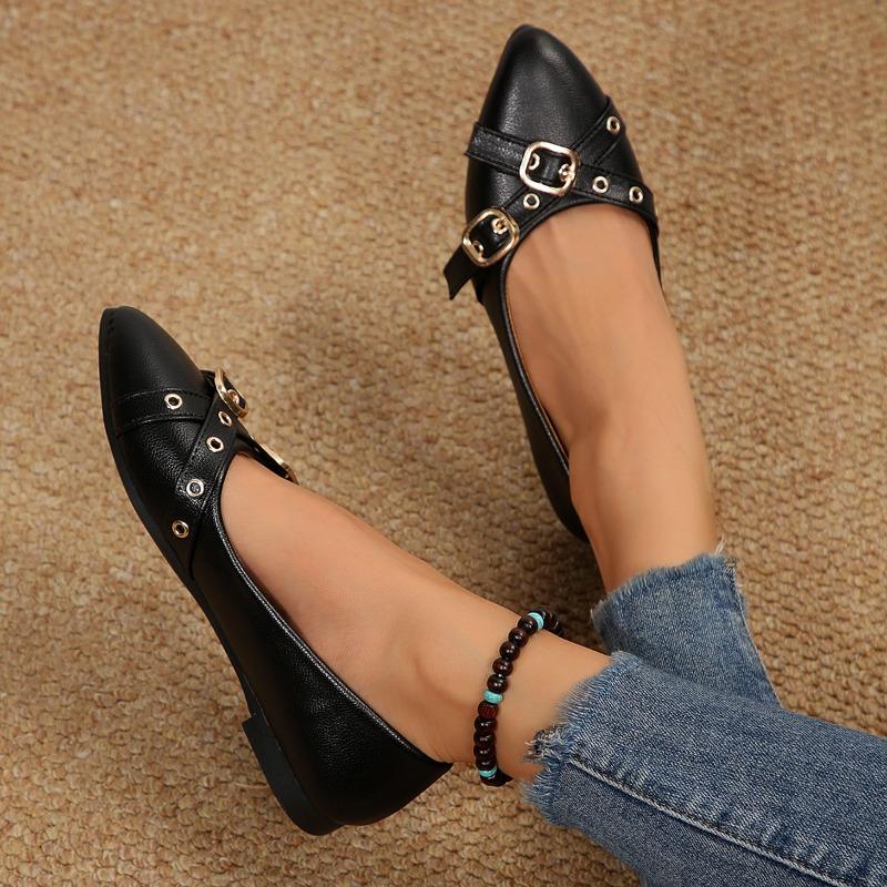 2025 Women's Ladies Elegant Patent Leather Pointed Toe Block Heel Bow Metal Buckle Casual Commute Date Shoes