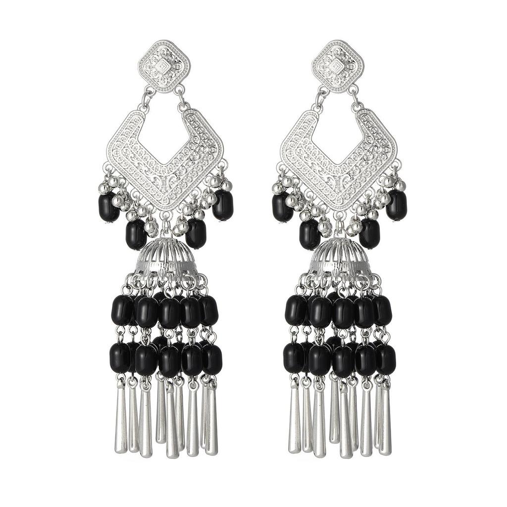 Bohemian Ethnic Miao Silver Turquoise Tassel Earrings
