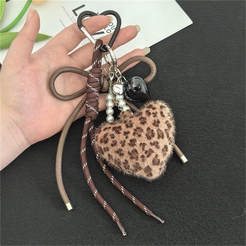 Stylish Leopard Print Plush Keychain Adorned With Artificial Leather Heart Bag Charm for Women Fashion Accessories