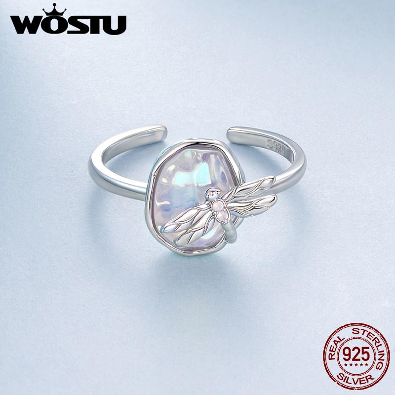 WOSTU 925 Sterling Silver Monet Dragonfly Open Ring For Women Rainbow Crystal Adjustable Rings Boho Jewelry For Everyday Wear