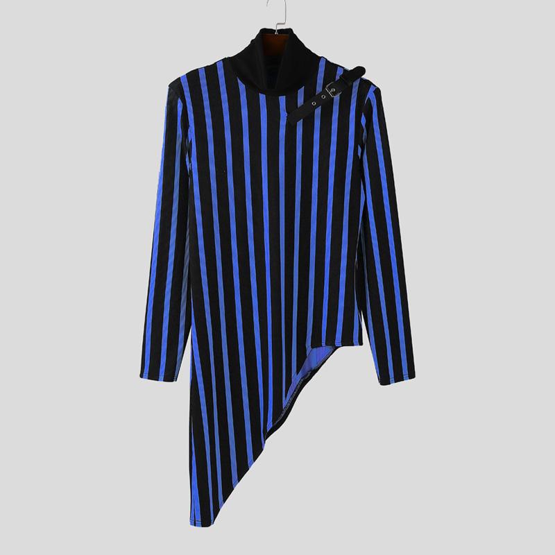 INCERUN Autumn Men's High Neck Long Sleeve Patchwork Striped Irregular Casual T-shirts Undershirts