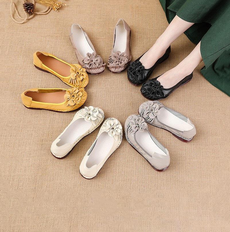 2025 Jaro Pravá kůže Baleríny Dámské Květinové Nazouvací Pohodlné Lehké Mokasíny Žena Retro Mokasíny Boty pro řidičky