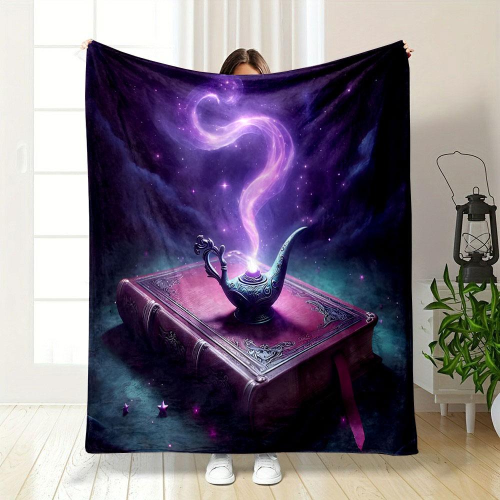 "Magical Lamp and Enchanted Book" Patterned blanket, flannel, suitable for all seasons, home decor, warm and cozy