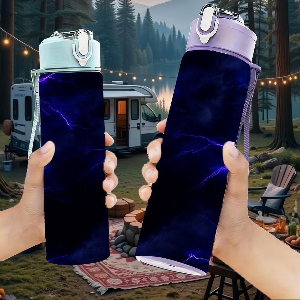 1PC Dark Blue Purple Lightning Storm Print 750ml Color Plastic Sports Water Bottle Leakproof Flip Straw Lid Suitable for Sports Office Home Use